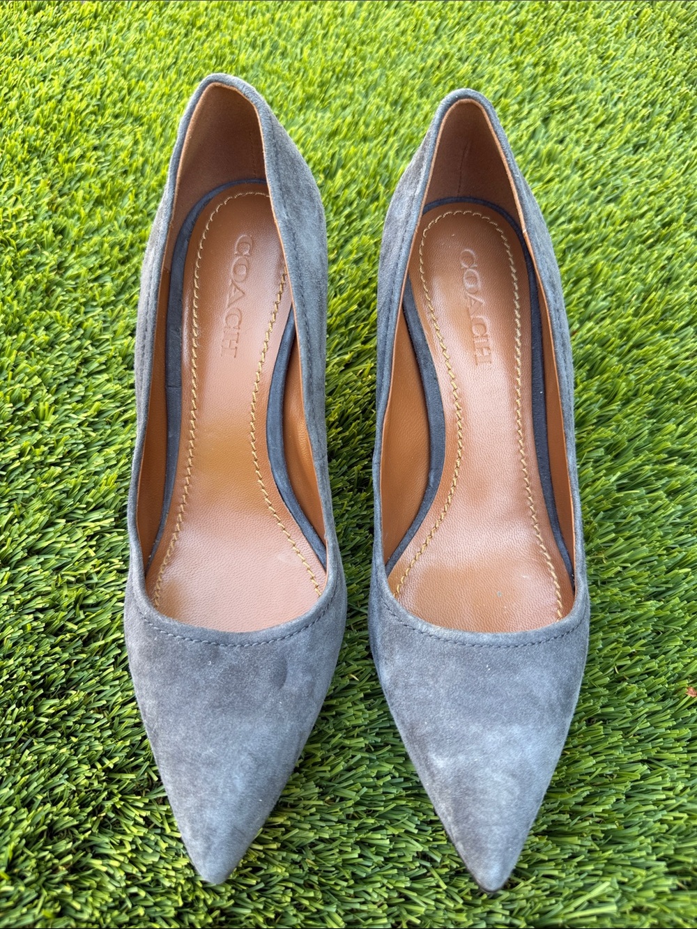 Coach Fawna Feathered Gray Suede Pointed Toe Pumps